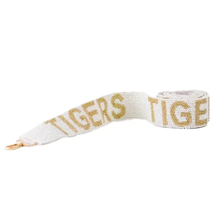 White & Gold Tigers Beaded Bag Strap
