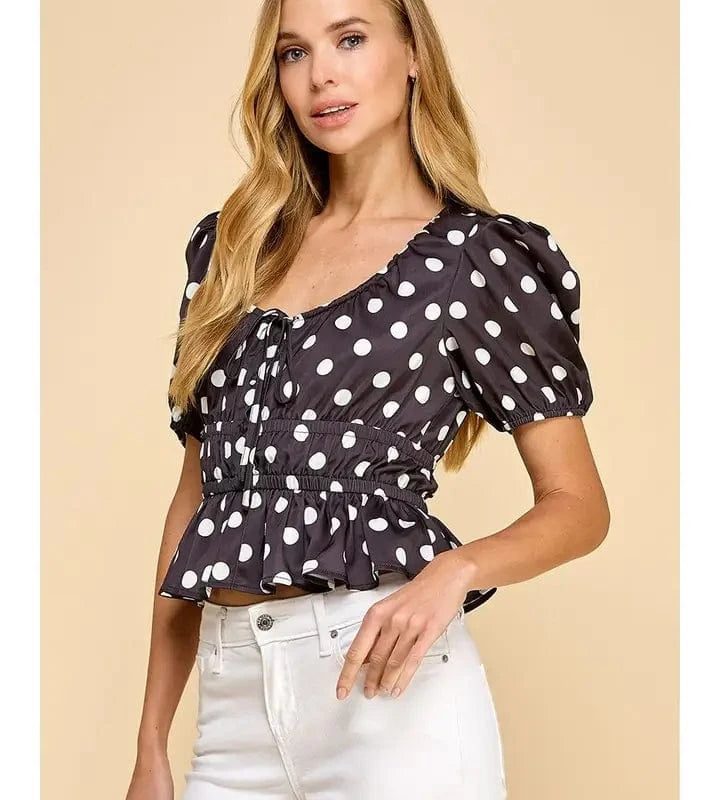 Black Polka Dot Puff Sleeve Blouse