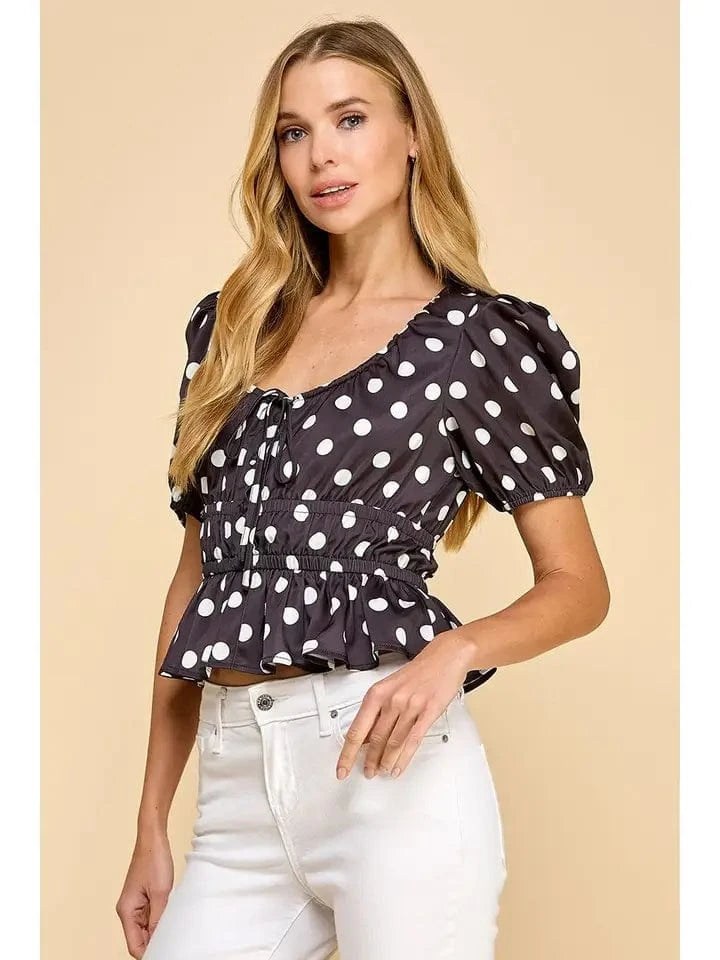 Black Polka Dot Puff Sleeve Blouse