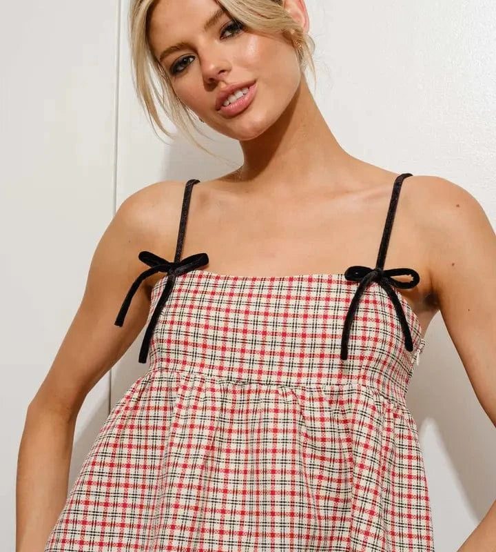 Red Plaid Tweed Babydoll Top