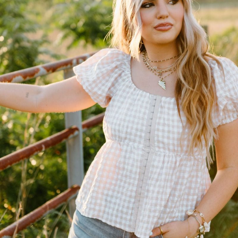 Beige Gingham Babydoll Top