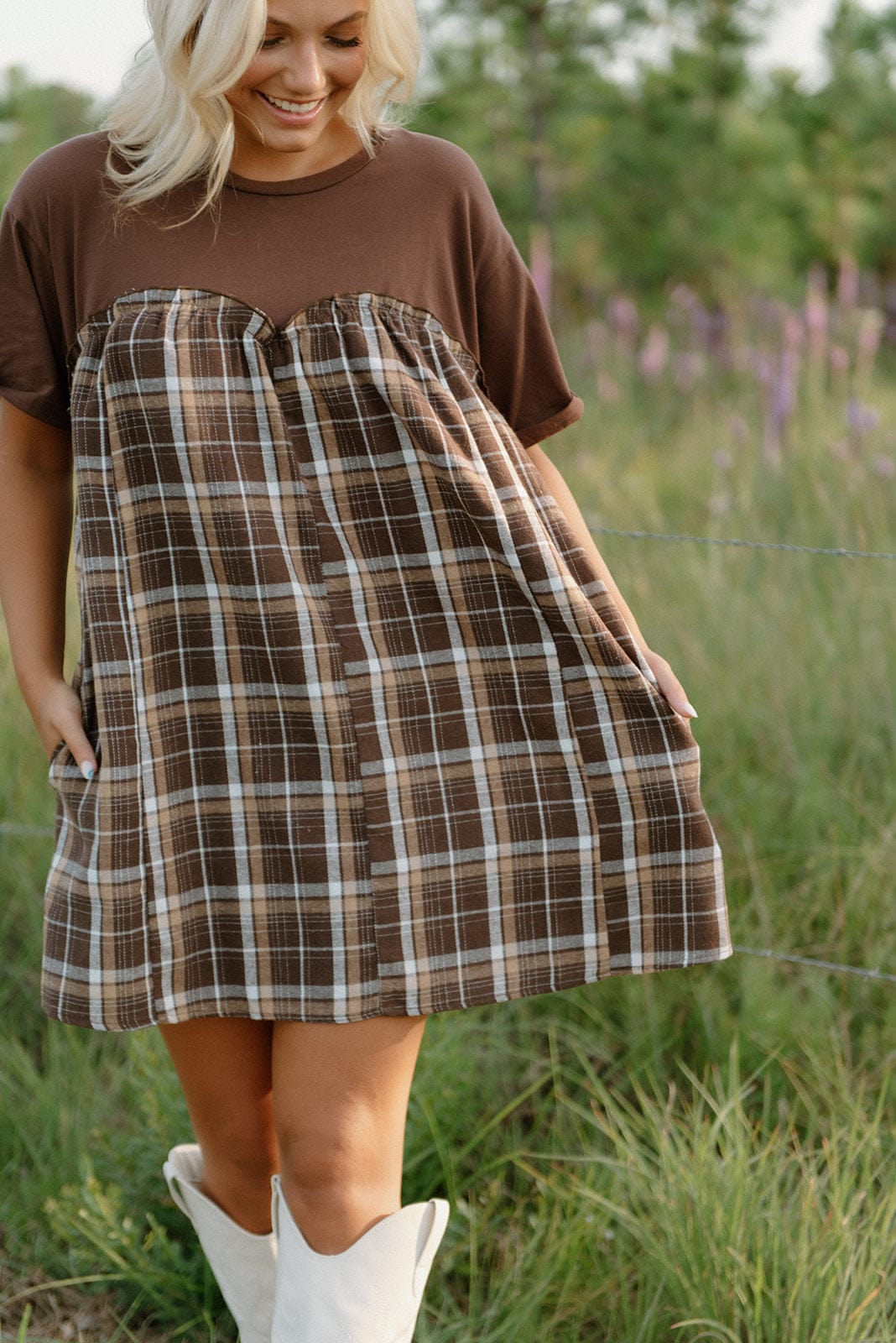 Brown Plaid Contrast Babydoll Dress - Image 3