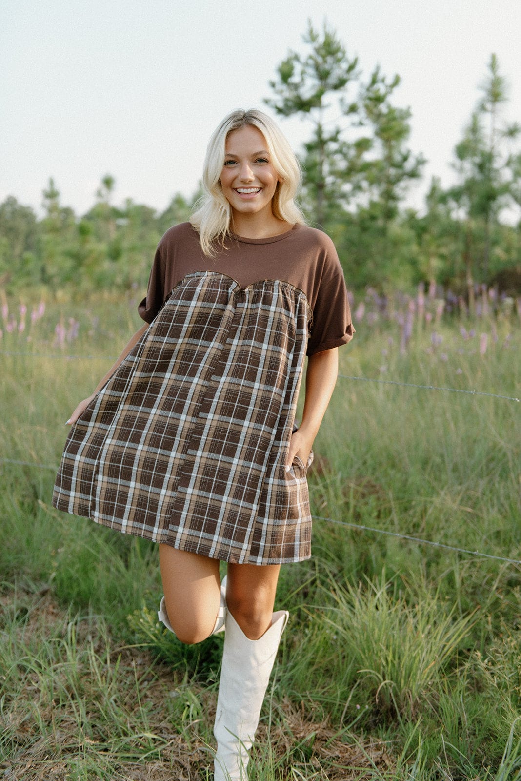 Brown Plaid Contrast Babydoll Dress - Image 4