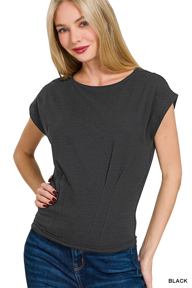 Black Gathered Waist Short Sleeve Top