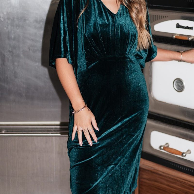 Green Velvet Kimono Sleeve Midi Dress