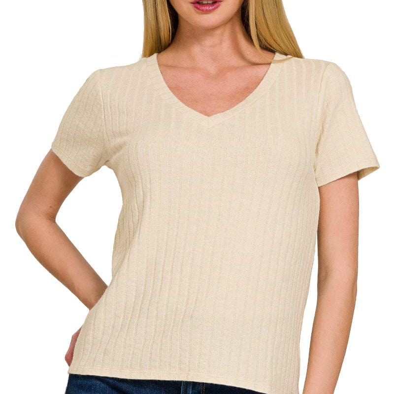 Beige Ribbed Short Sleeve V-Neck Top