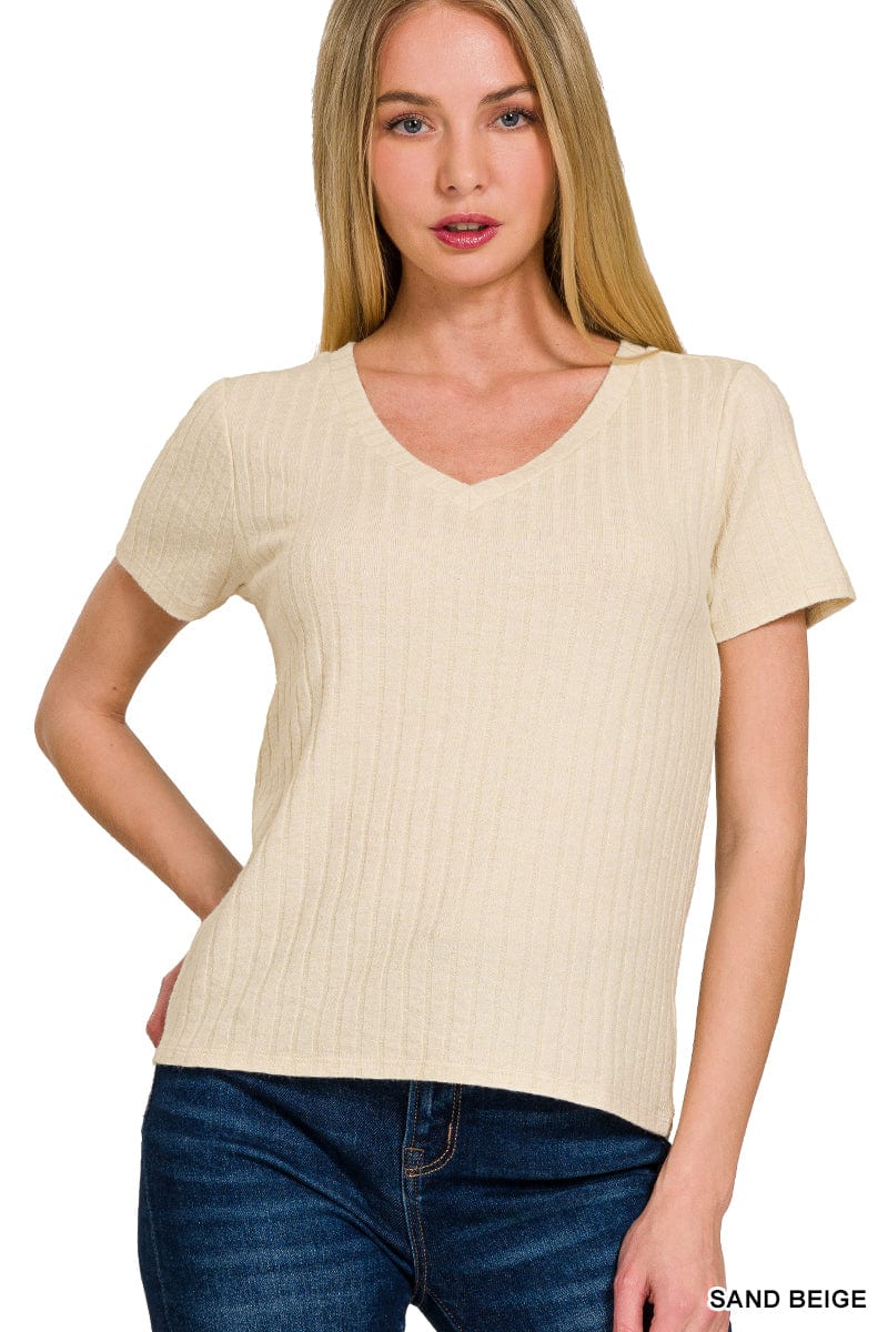 Beige Ribbed Short Sleeve V-Neck Top