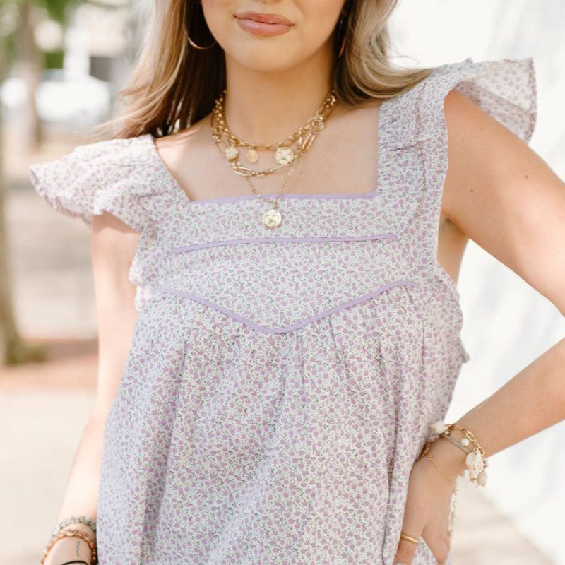 Lavender Floral Piping Accent Blouse