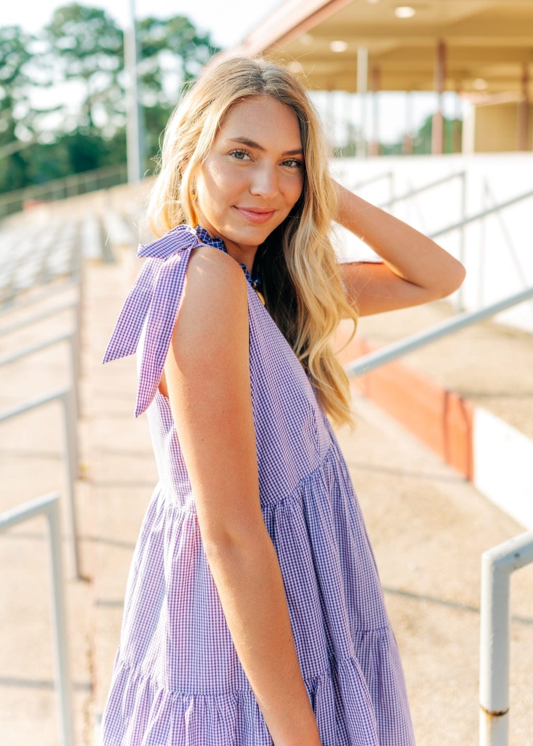 Purple Gingham Shoulder Tie Dress - Image 5