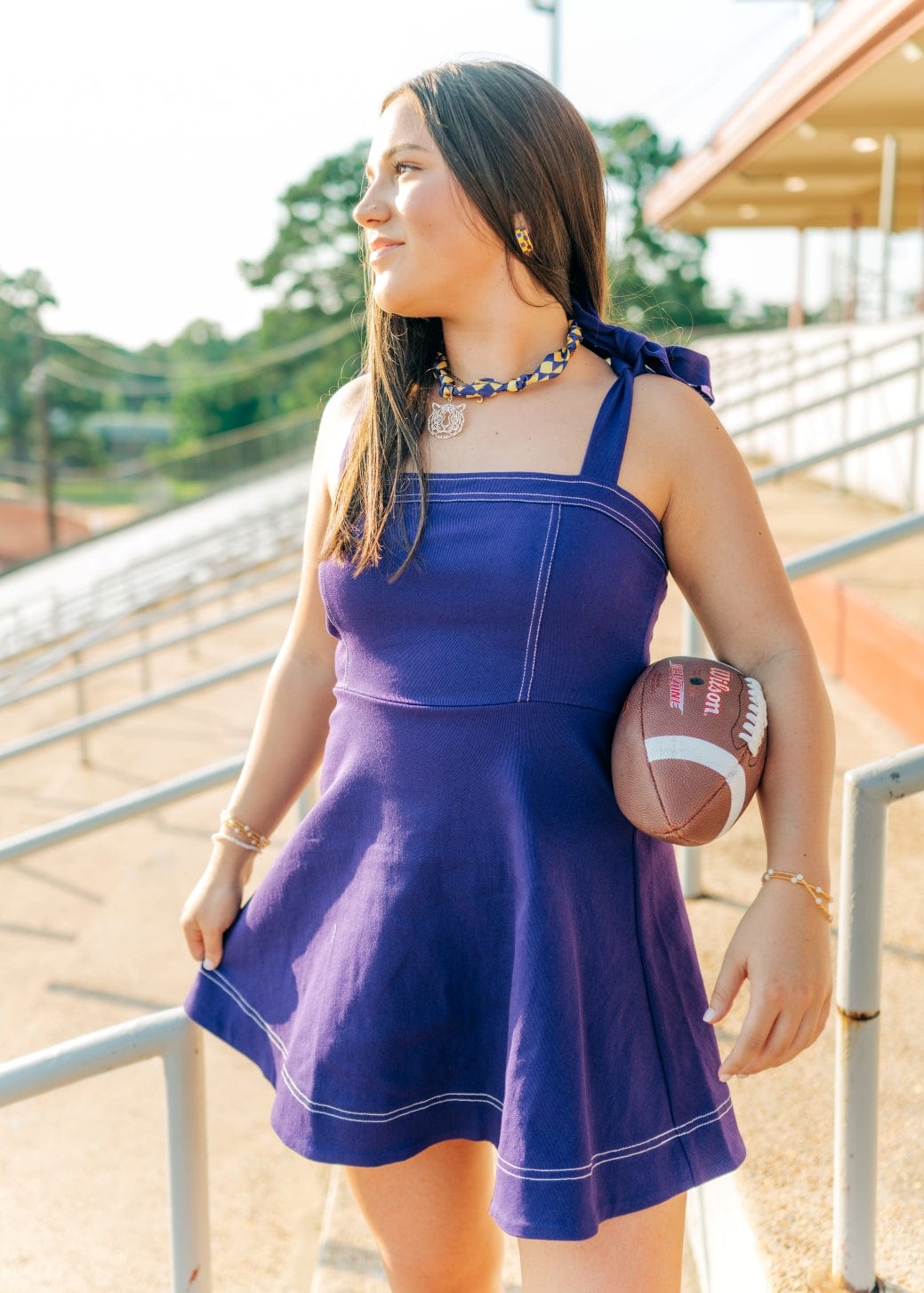 Purple Shoulder Tie Denim Dress