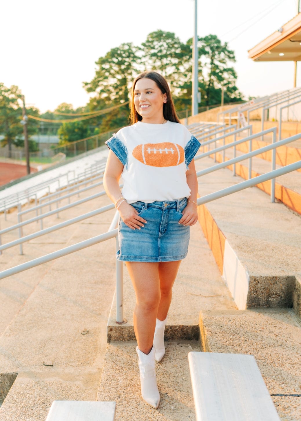 White Football Patch Denim Edge Top - Image 5