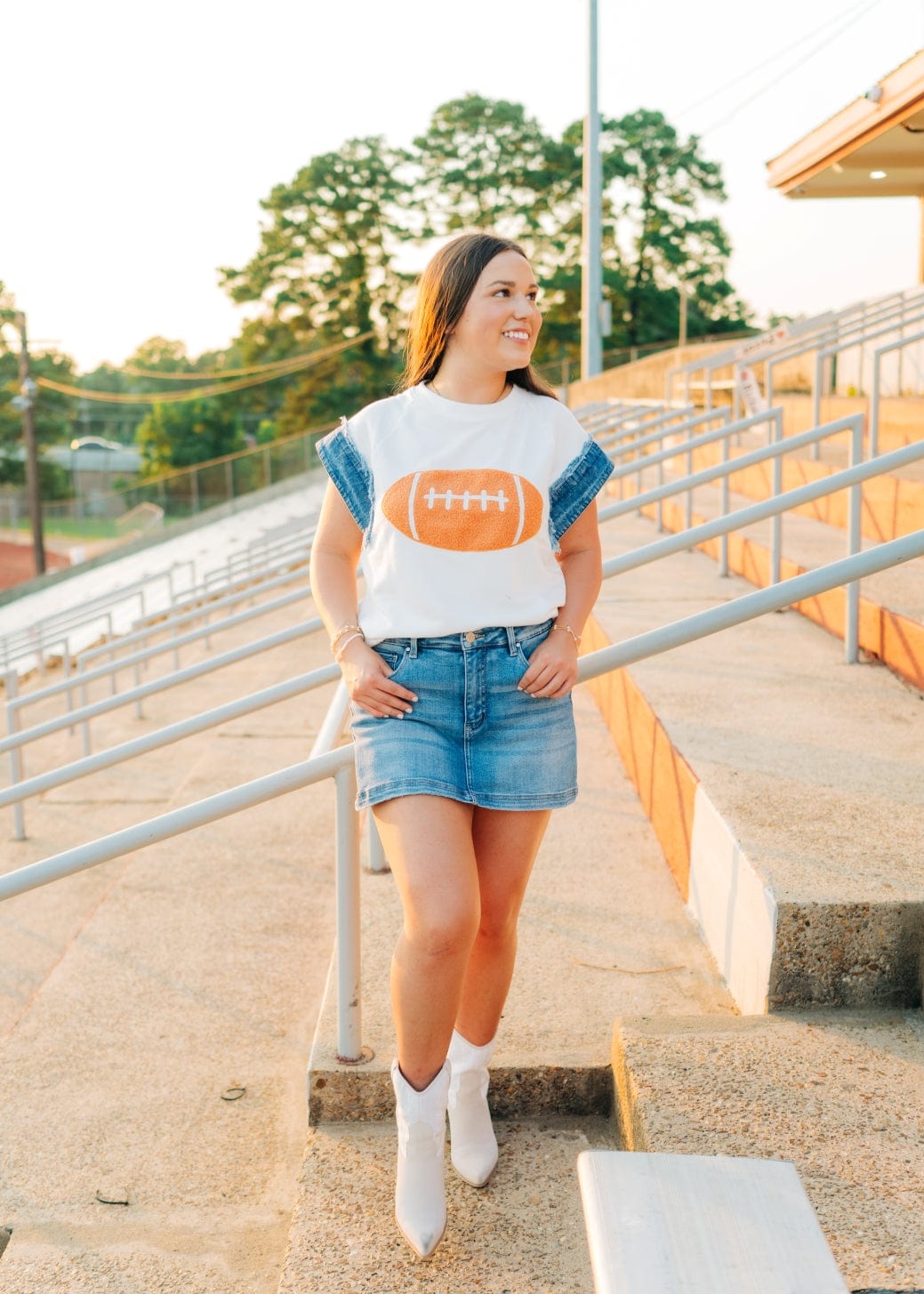 White Football Patch Denim Edge Top - Image 3