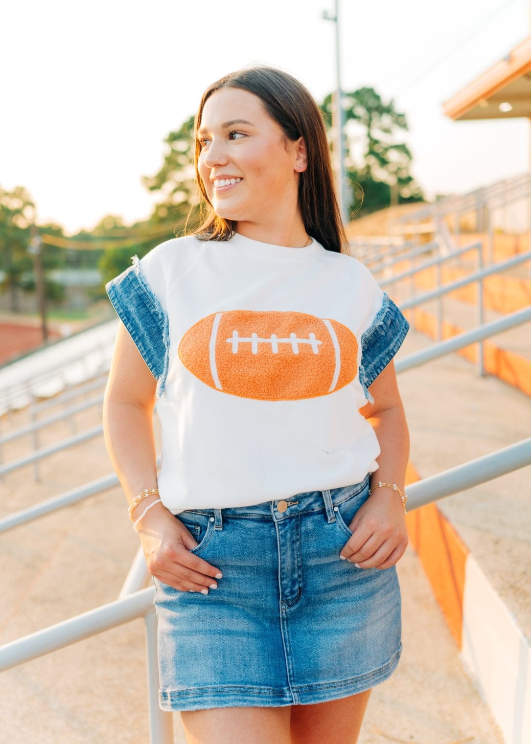 White Football Patch Denim Edge Top