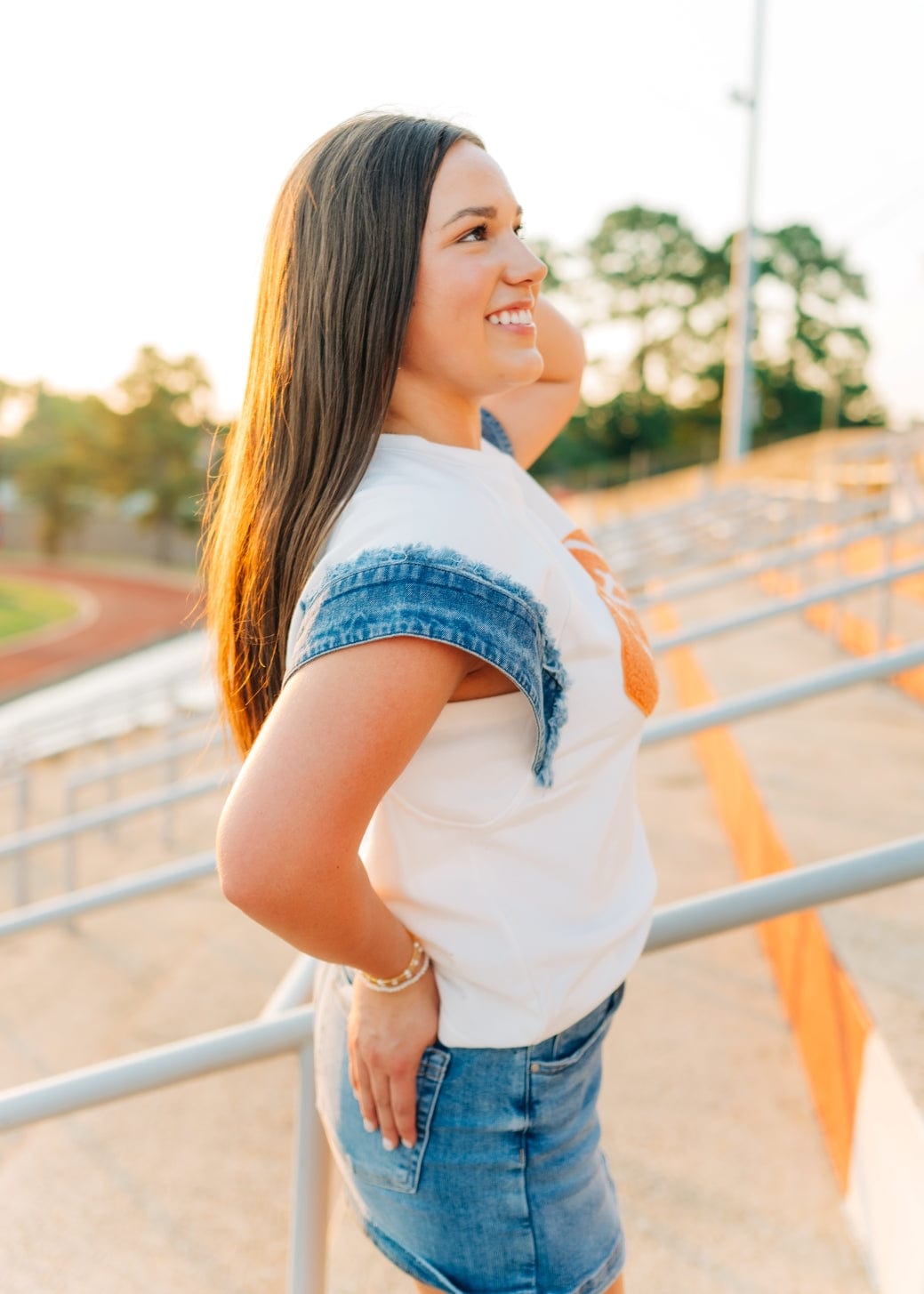 White Football Patch Denim Edge Top - Image 4