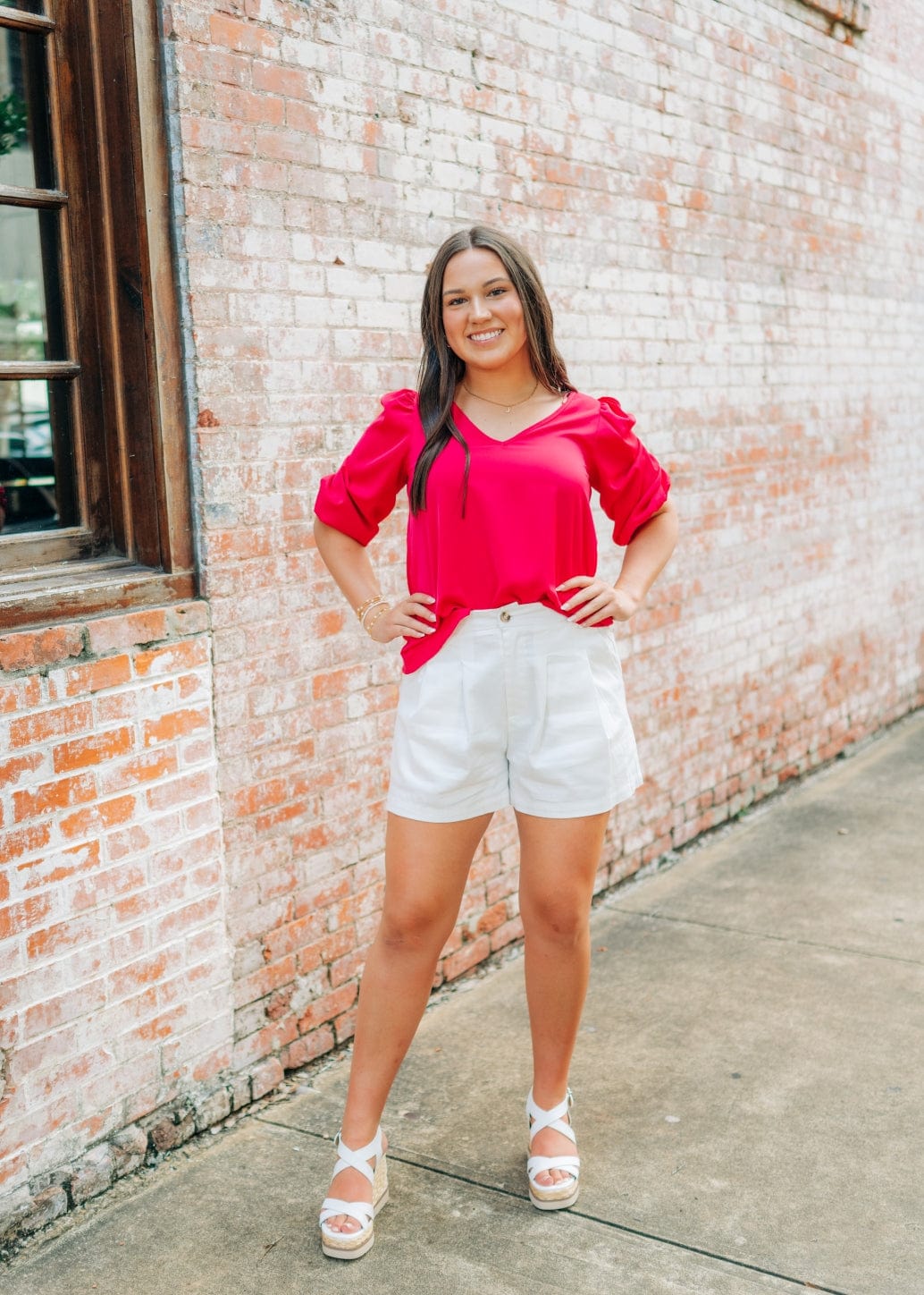 Pink V-Neck Balloon Sleeve Blouse - Image 4