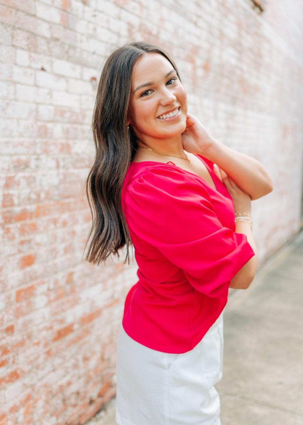 Pink V-Neck Balloon Sleeve Blouse - Image 3