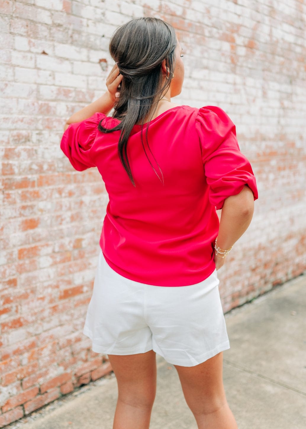 Pink V-Neck Balloon Sleeve Blouse - Image 2