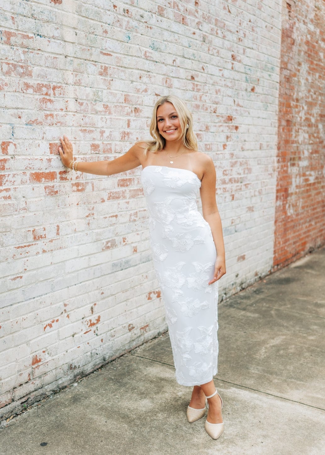 White Floral Detail Strapless Midi Dress