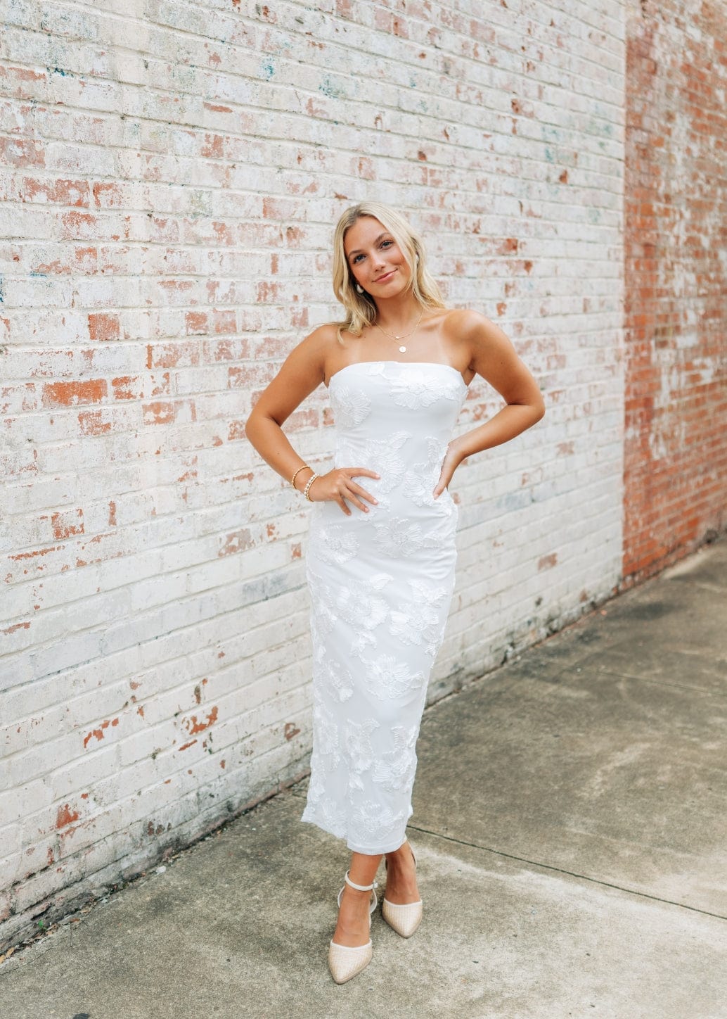 White Floral Detail Strapless Midi Dress - Image 3