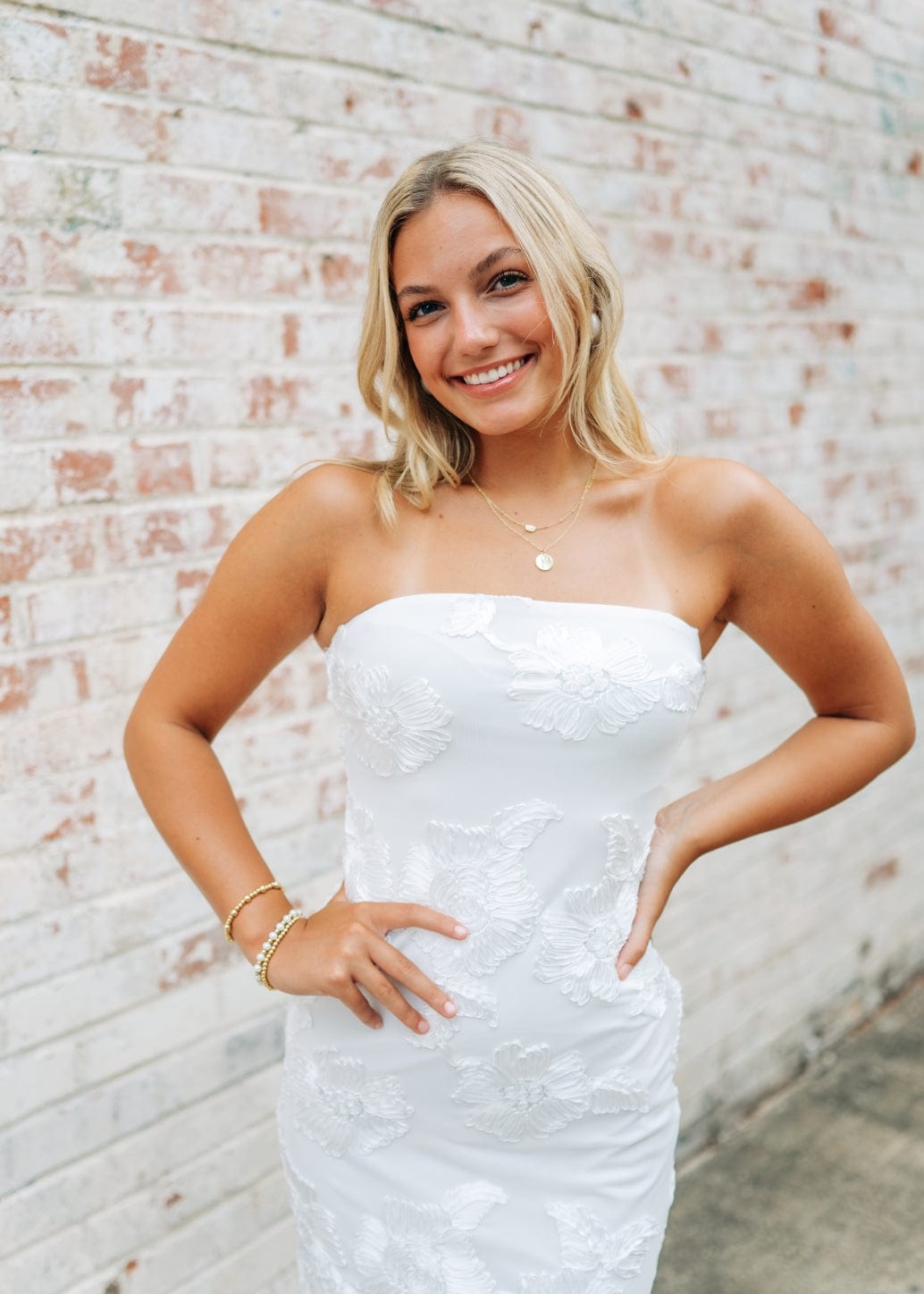 White Floral Detail Strapless Midi Dress - Image 5