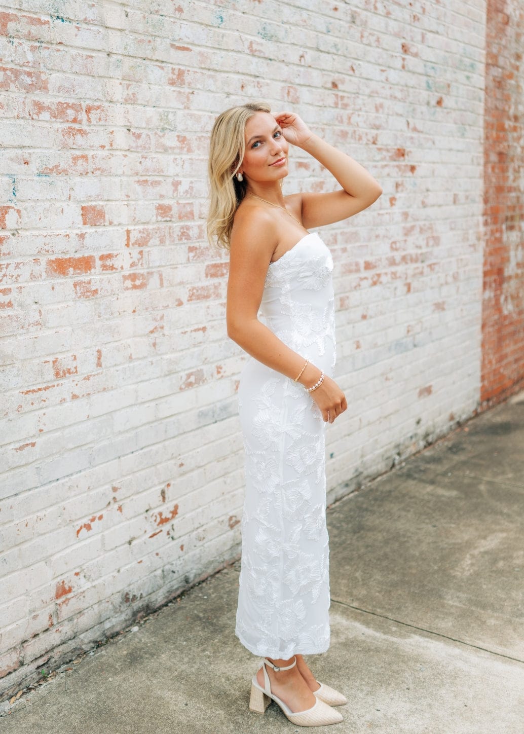 White Floral Detail Strapless Midi Dress - Image 4