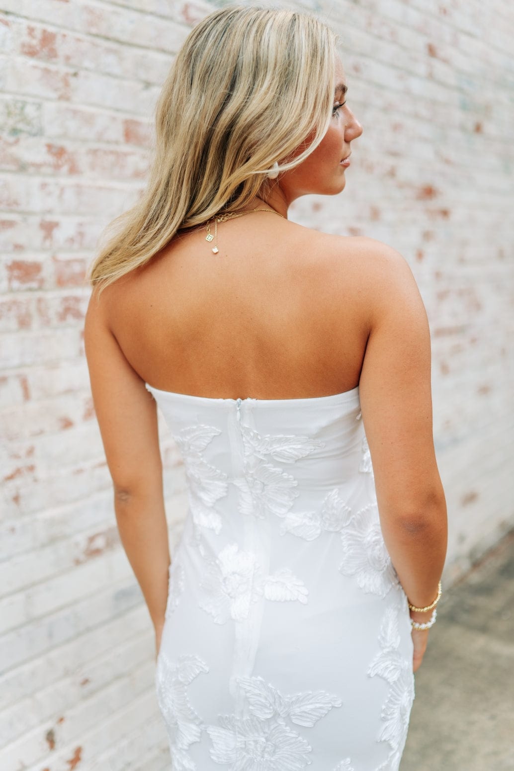 White Floral Detail Strapless Midi Dress - Image 6