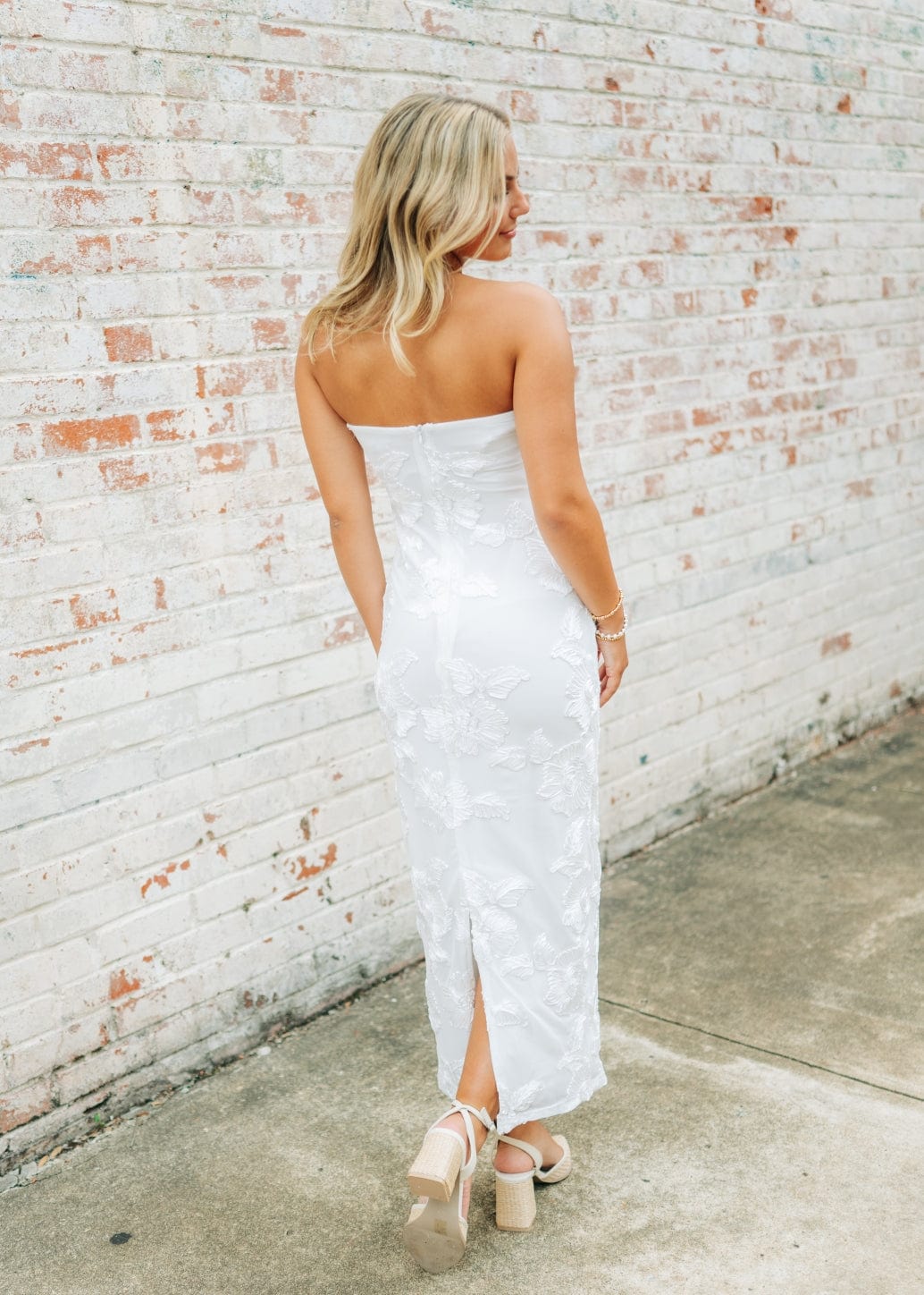 White Floral Detail Strapless Midi Dress - Image 2