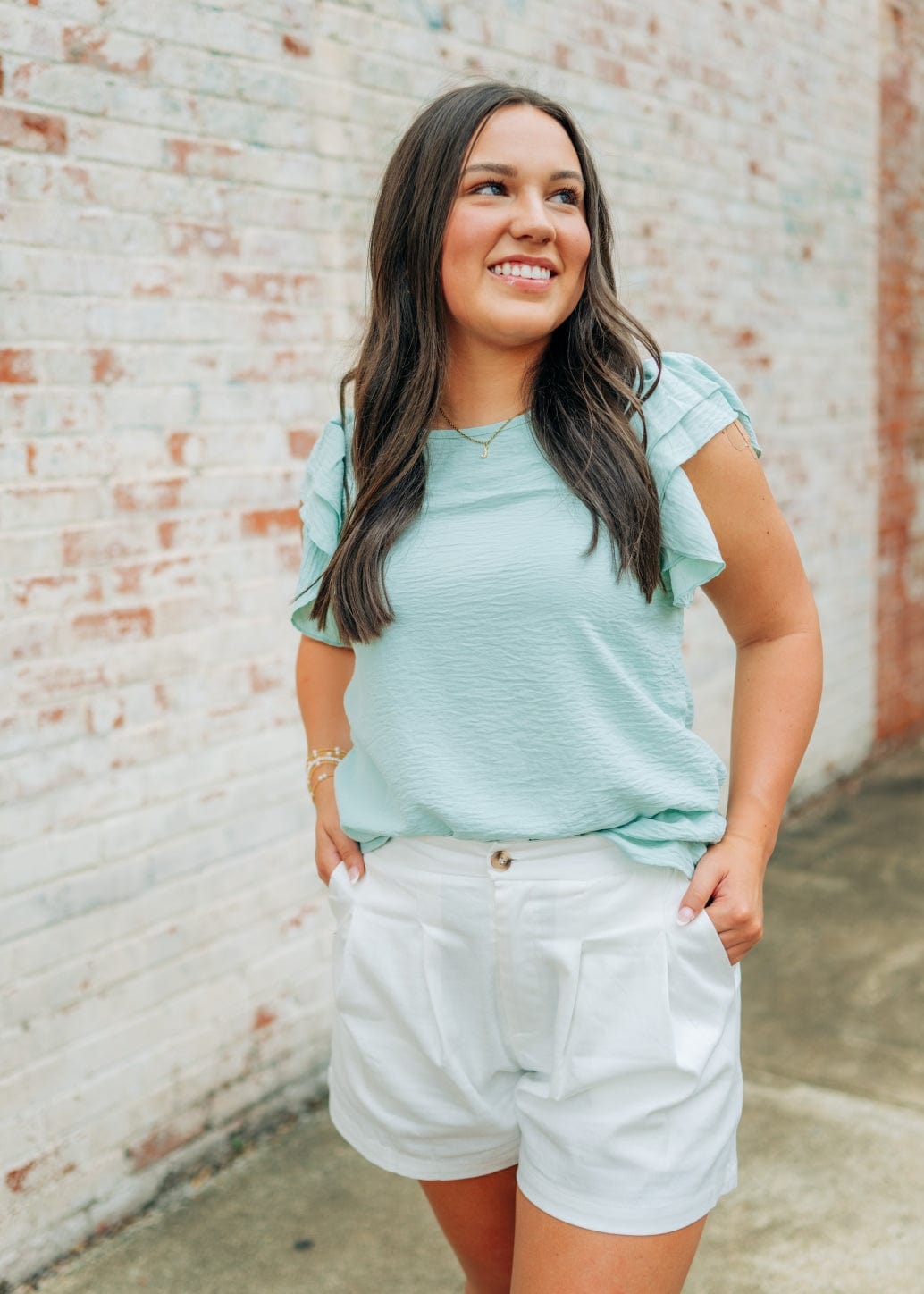 Sage Green Ruffle Short Sleeve Blouse