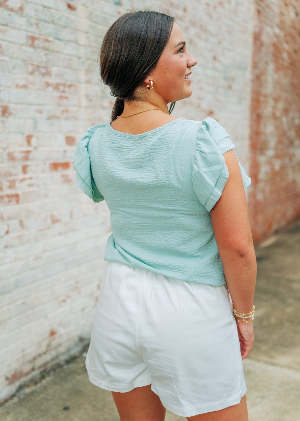 Sage Green Ruffle Short Sleeve Blouse - Image 2
