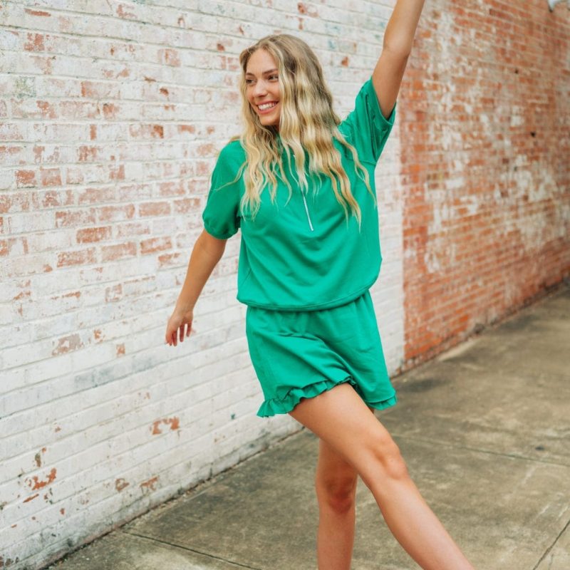 Green Zip Up Ruffle Skort Set