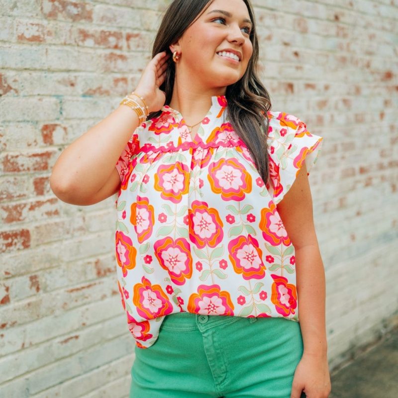Pink Floral Ruffle Sleeve Blouse