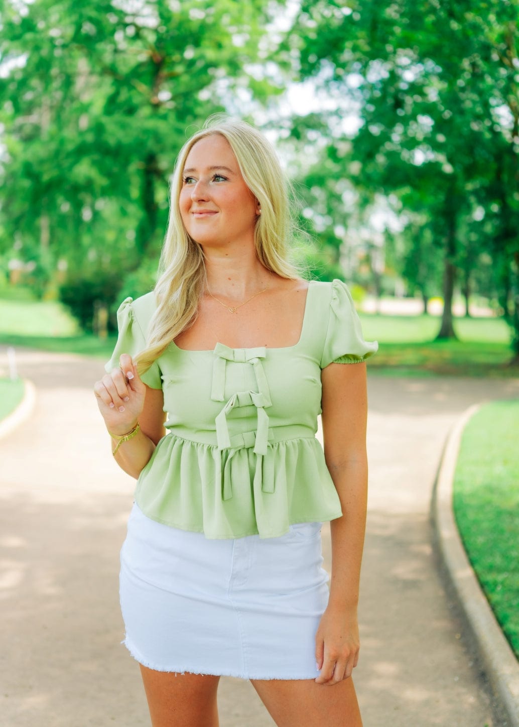 Kiwi Bow Puff Sleeve Peplum Top