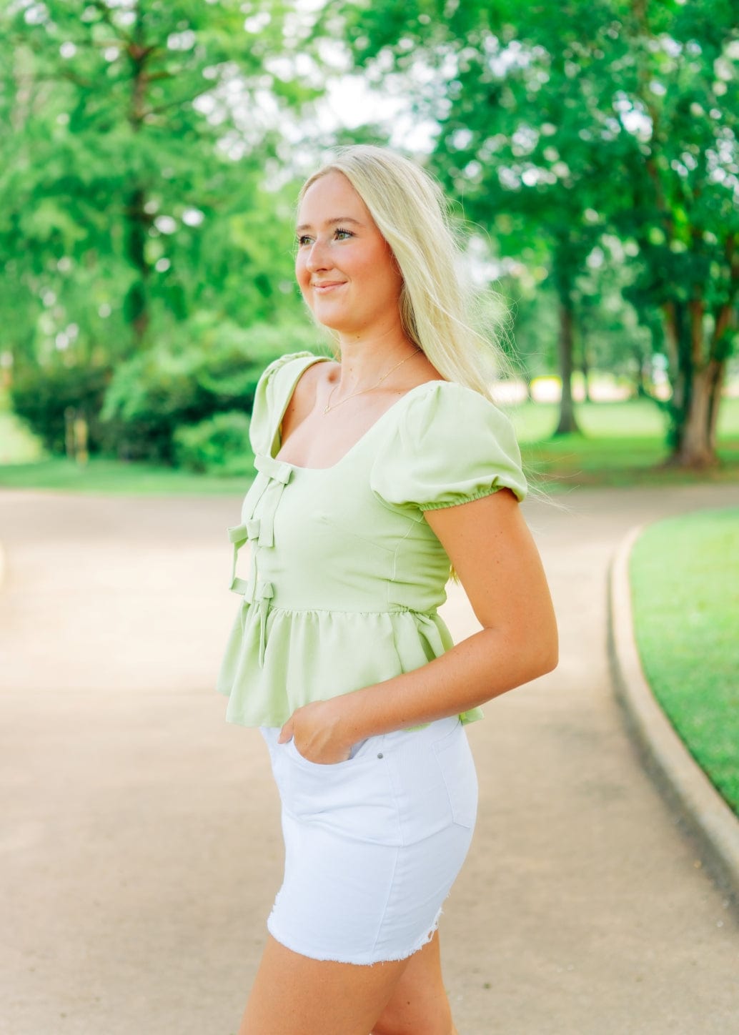 Kiwi Bow Puff Sleeve Peplum Top - Image 4