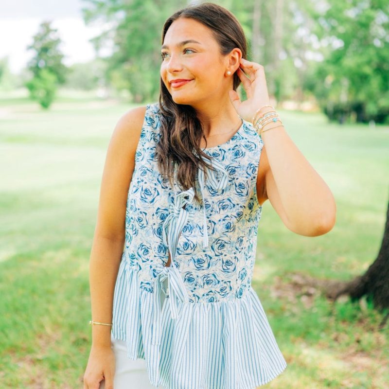 Blue Floral & Stripe Peplum Bow Top