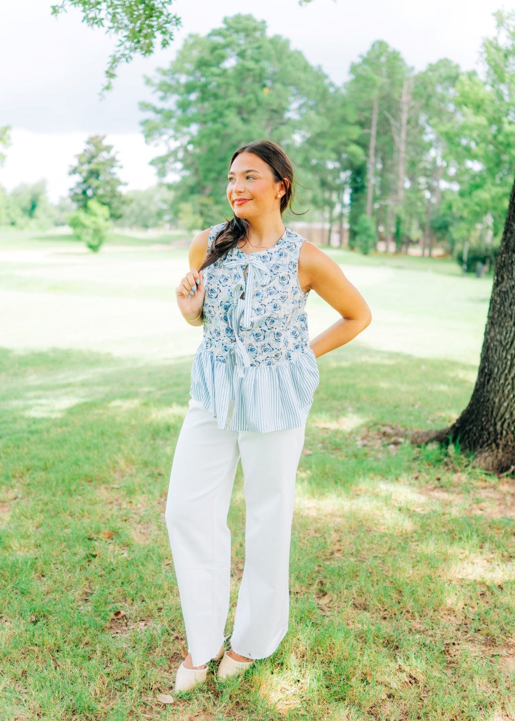 Blue Floral & Stripe Peplum Bow Top - Image 3