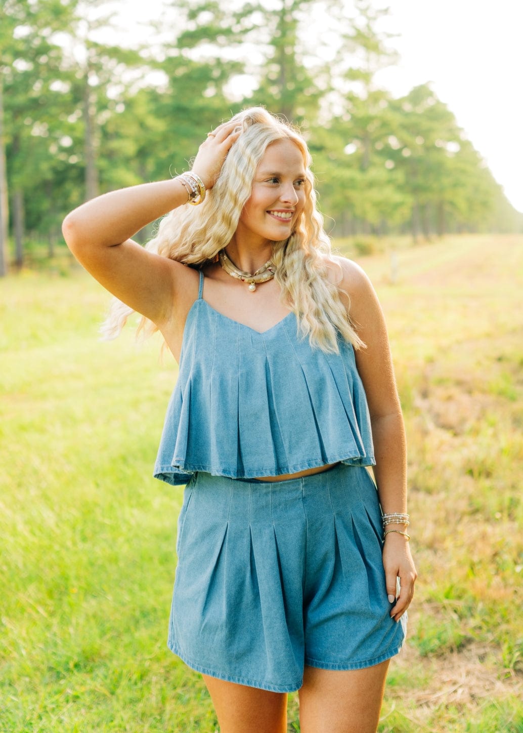 Denim Pleated Skort Set