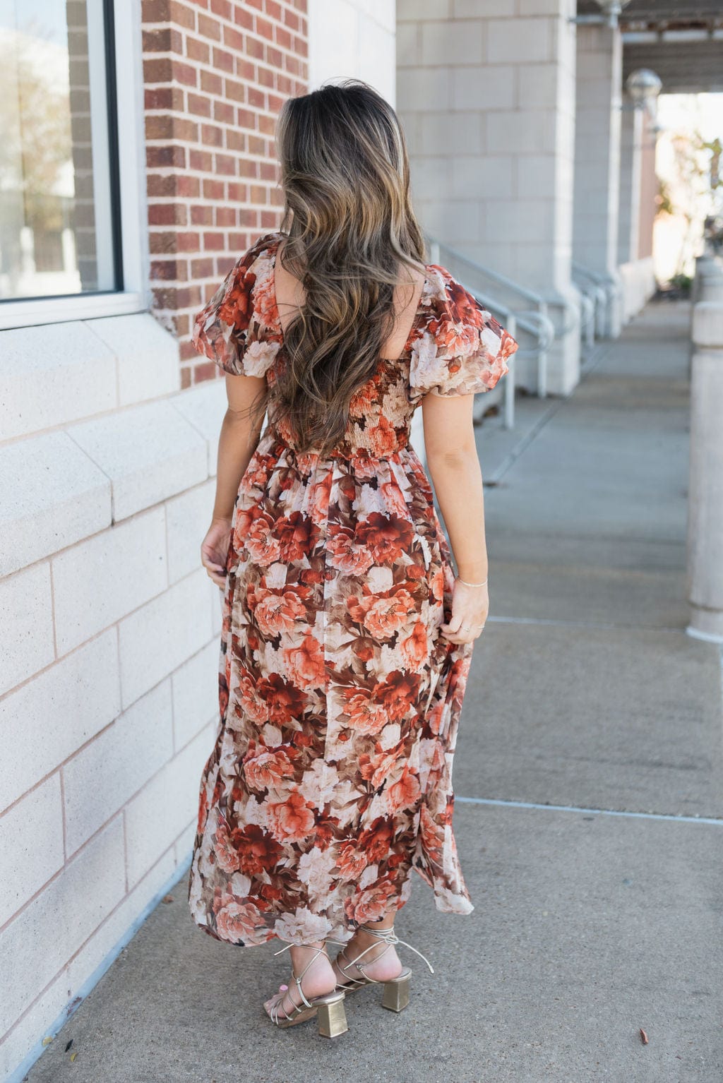 Rust Floral Puff Sleeve Midi Dress - Image 2