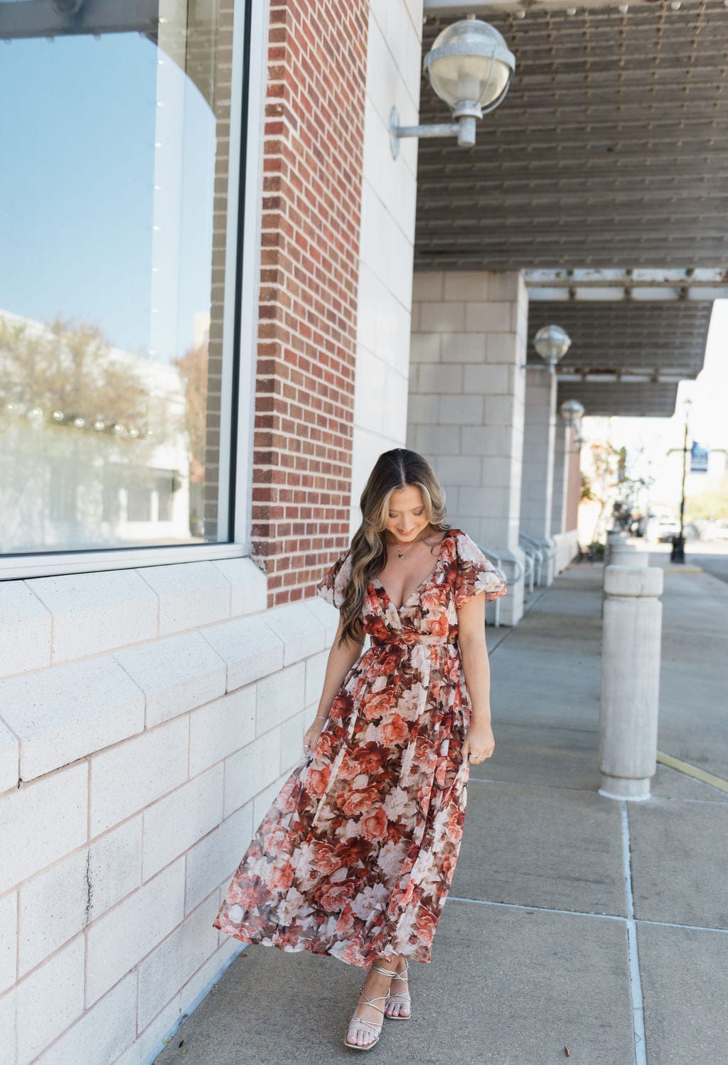 Rust Floral Puff Sleeve Midi Dress - Image 4