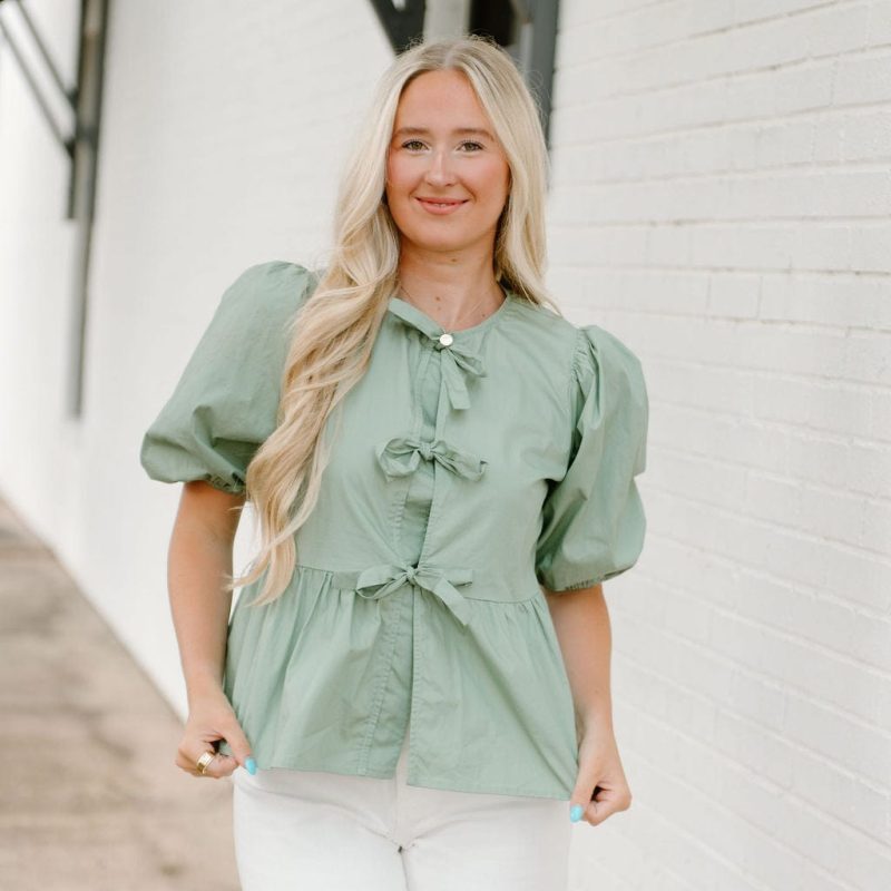 Sage Bow Front Peplum Blouse
