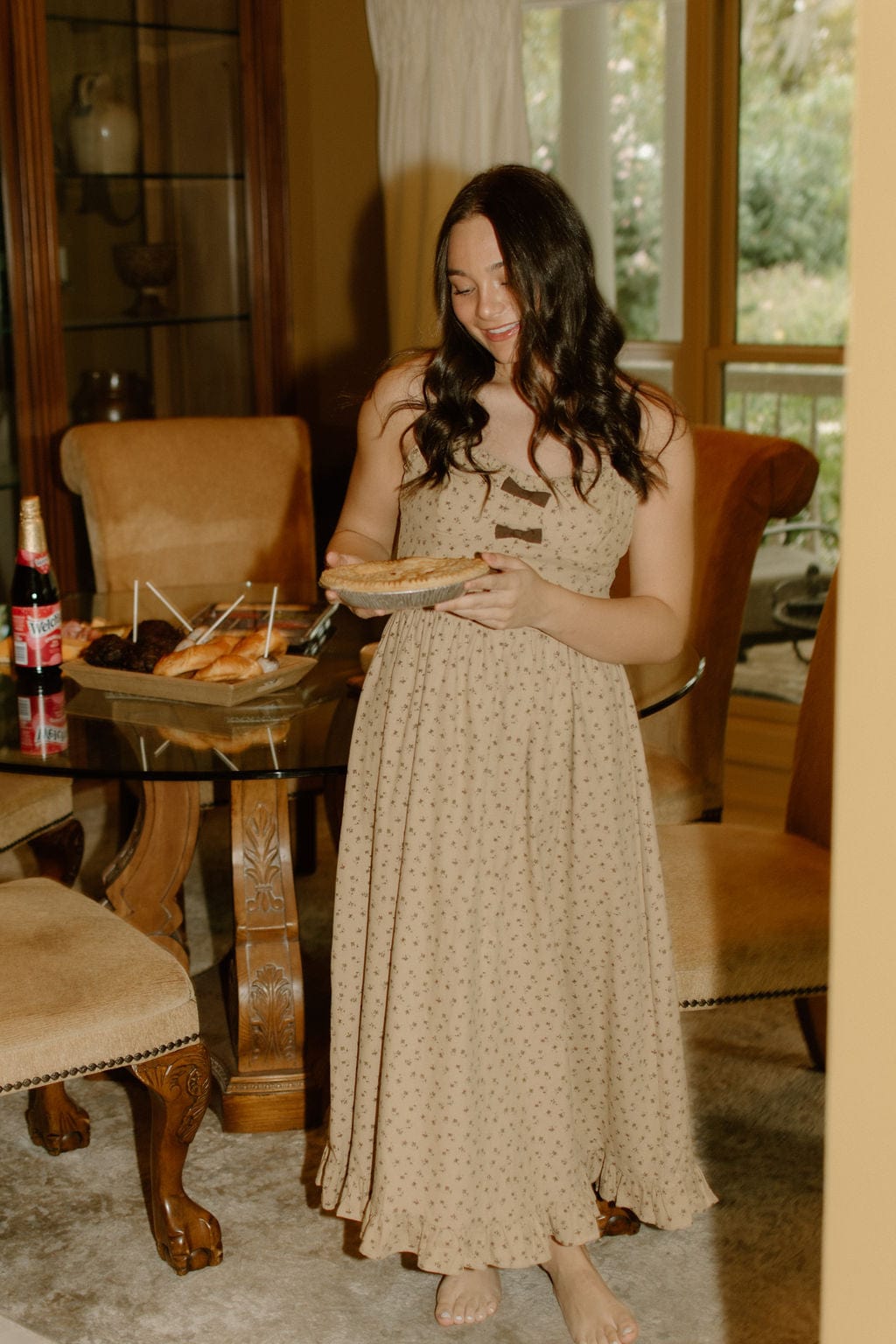 Taupe Bow Detail Floral Midi Dress - Image 5