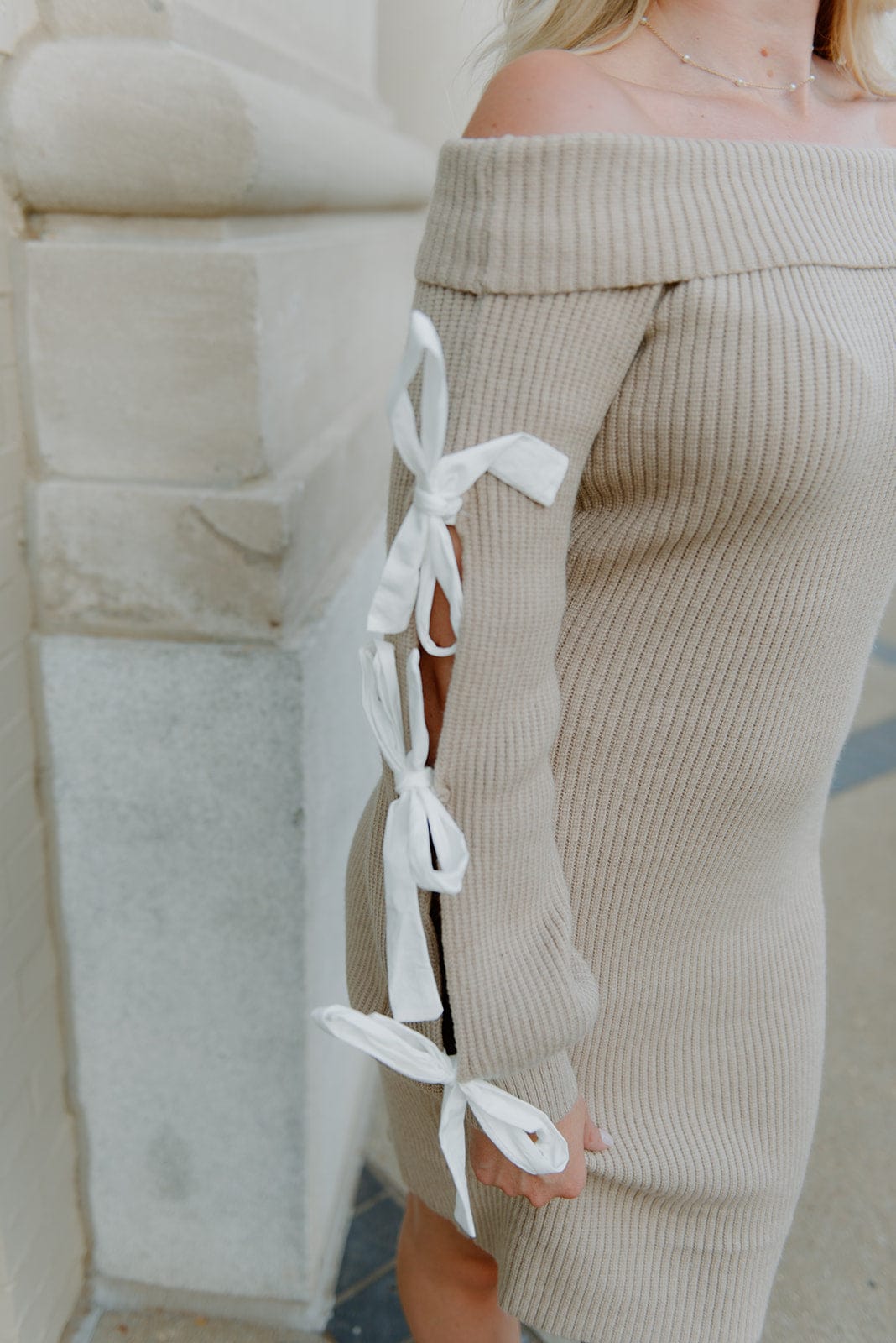 Taupe Bow Sleeve Knit Mini Dress - Image 3