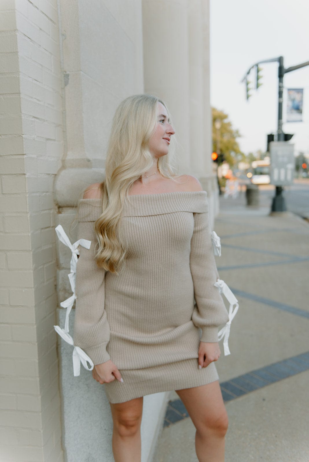 Taupe Bow Sleeve Knit Mini Dress - Image 4