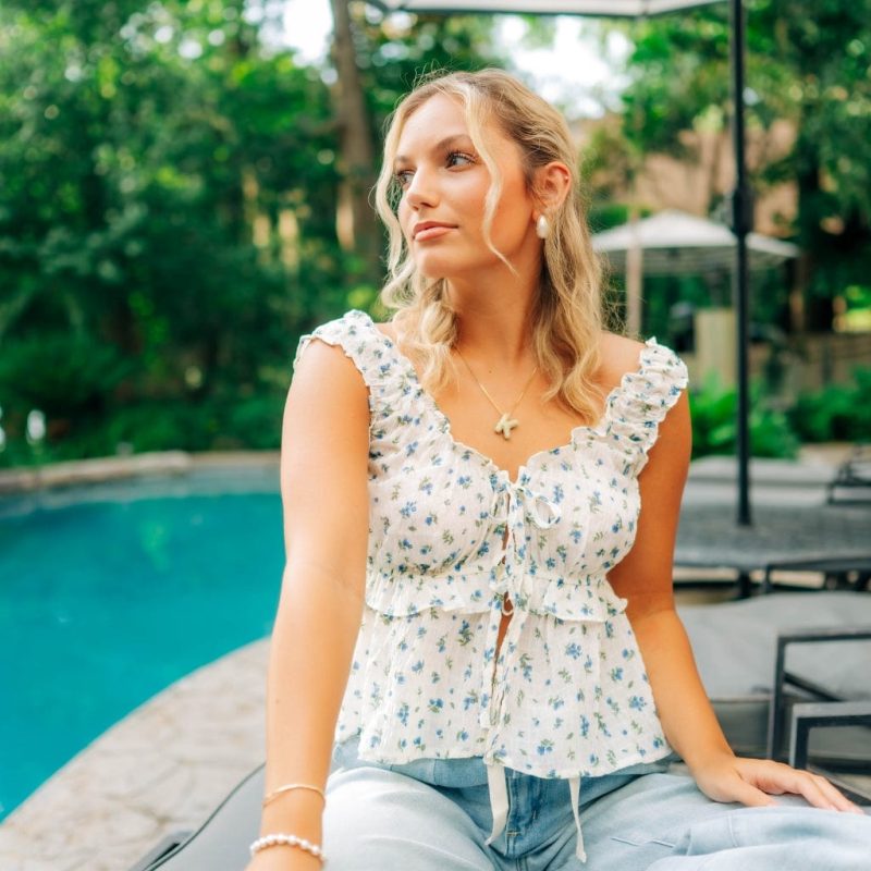 White & Blue Floral Sleeveless Top