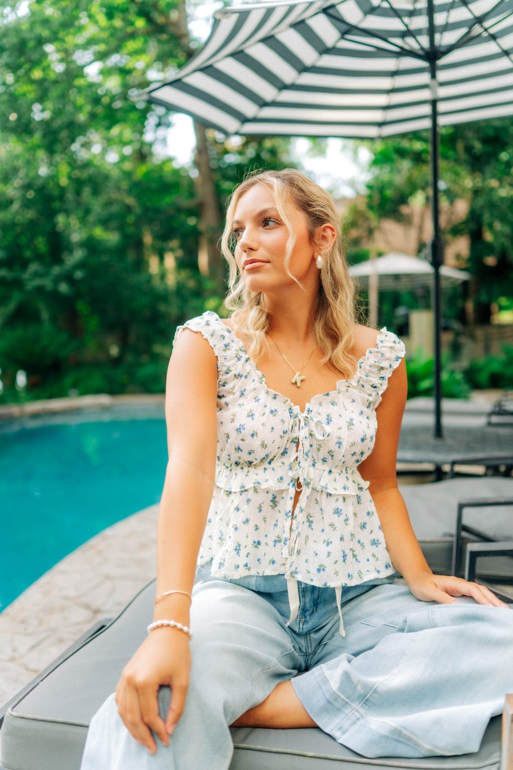 White & Blue Floral Sleeveless Top