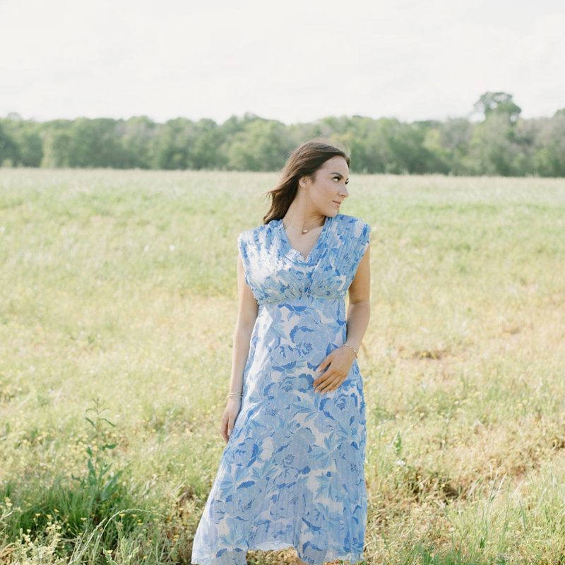 Blue & Gold Pleated Midi Dress