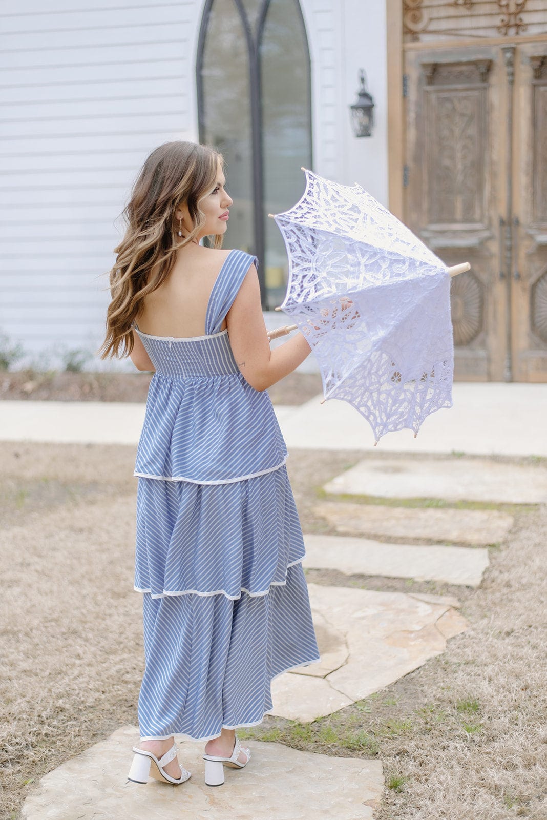 Blue Striped Tiered Ruffle Midi Dress - Image 4