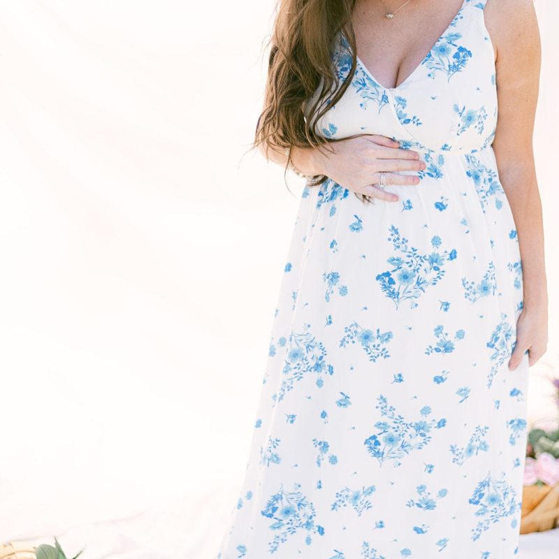 Blue & White Floral Shoulder Tie Midi Dress