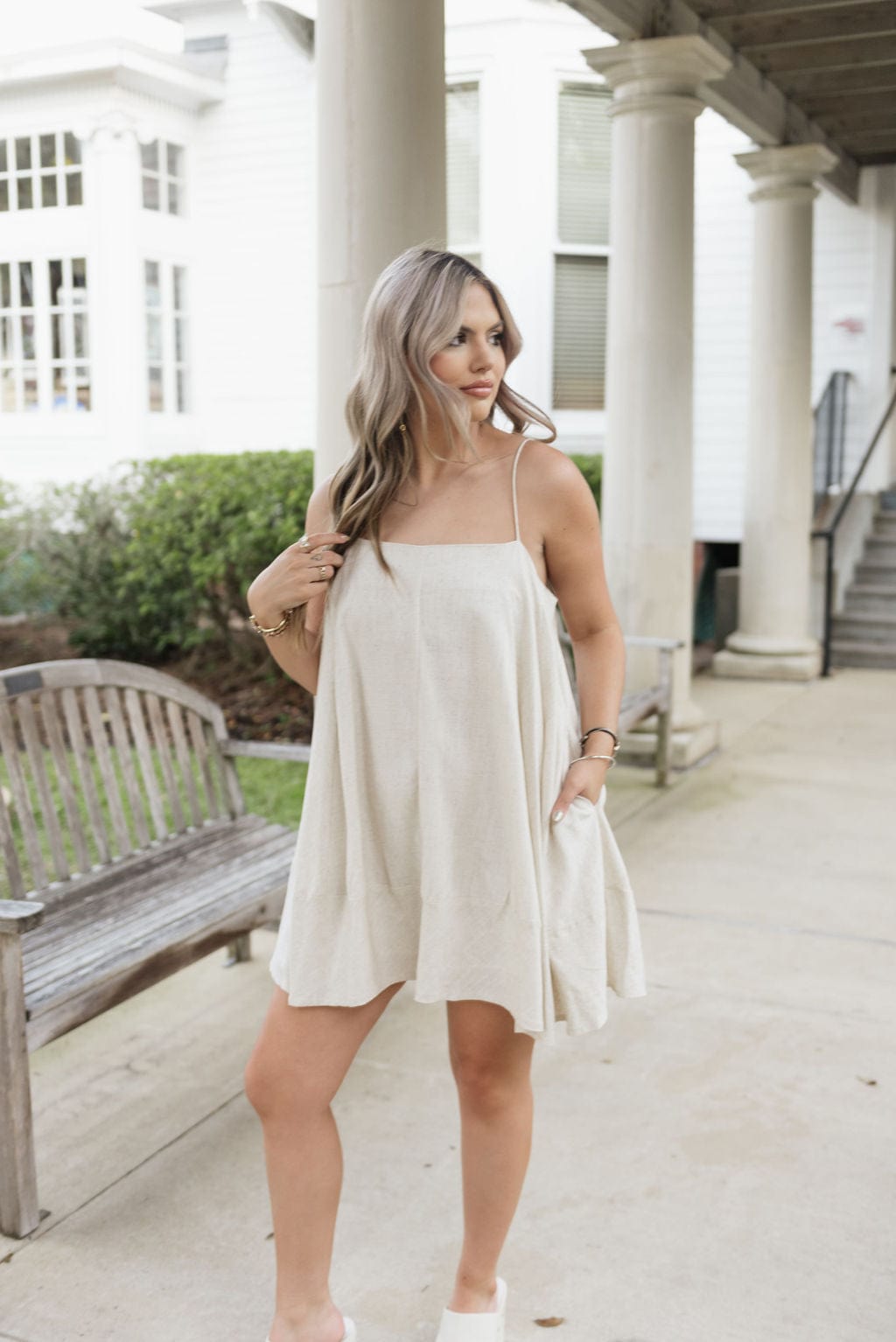 Oatmeal Linen Flowy Cami Mini Dress - Image 6
