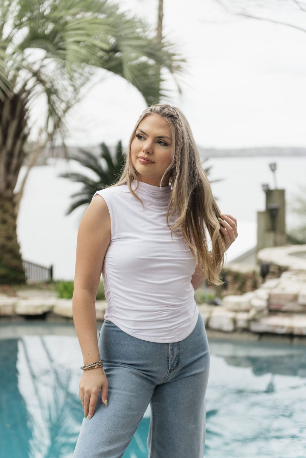 White Fitted Ruch Detail Sleeveless Top