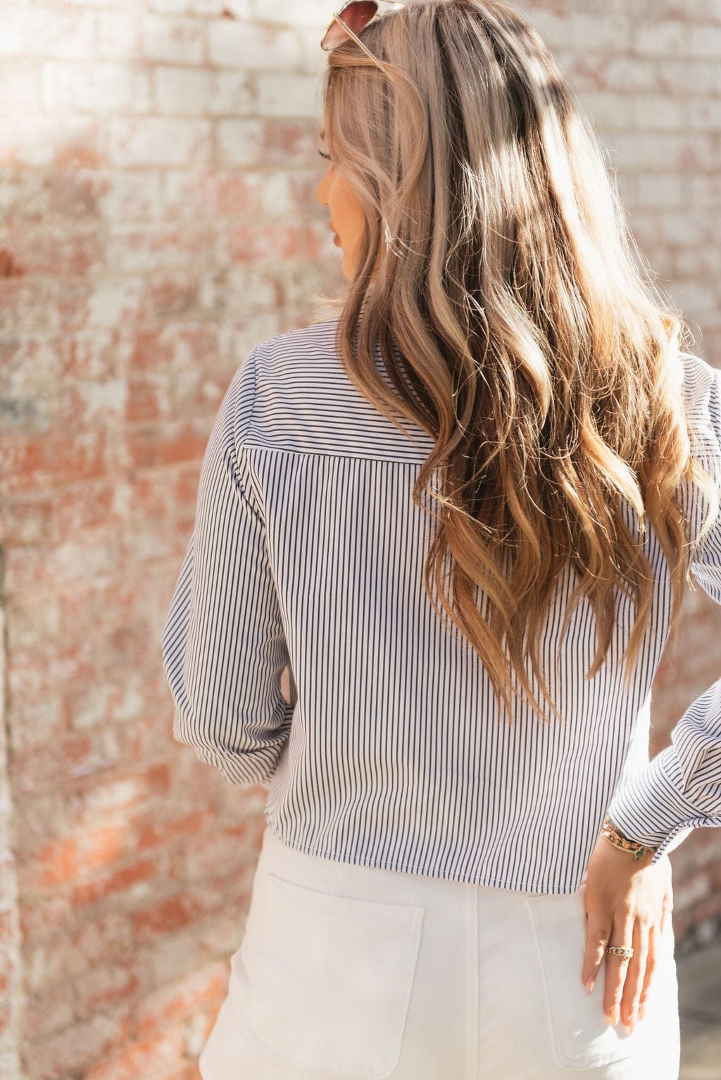 White & Black Striped Embroidered Blouse - Image 2